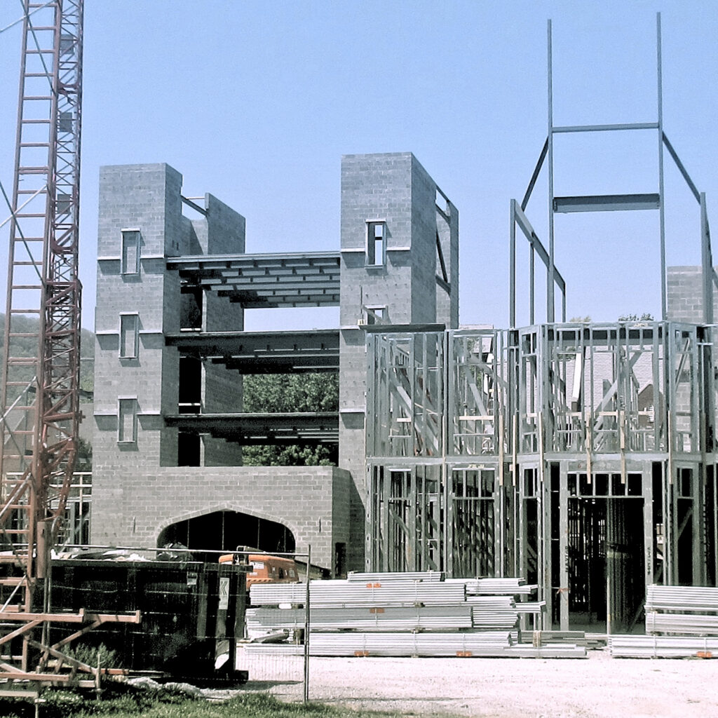 grey brick building framing