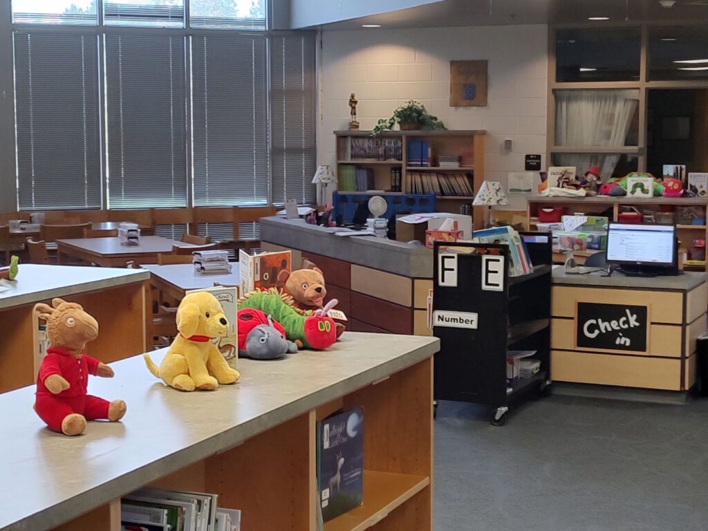 school library with stuffed animals